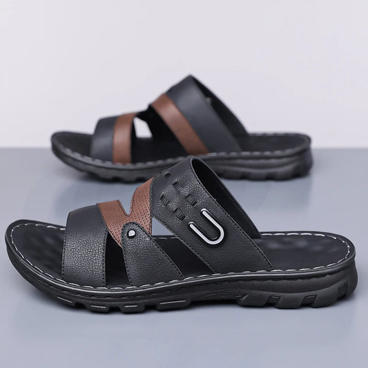 Men's Summer 2025 New Leather Casual Beach Shoes Slip-On Soft Bottom Dual-Purpose Clogs Breathable Anti-Slip Durable Sandals