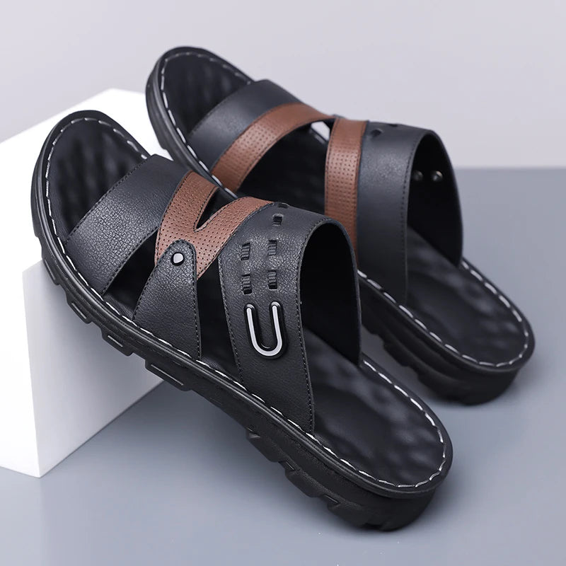 Men's Summer 2025 New Leather Casual Beach Shoes Slip-On Soft Bottom Dual-Purpose Clogs Breathable Anti-Slip Durable Sandals