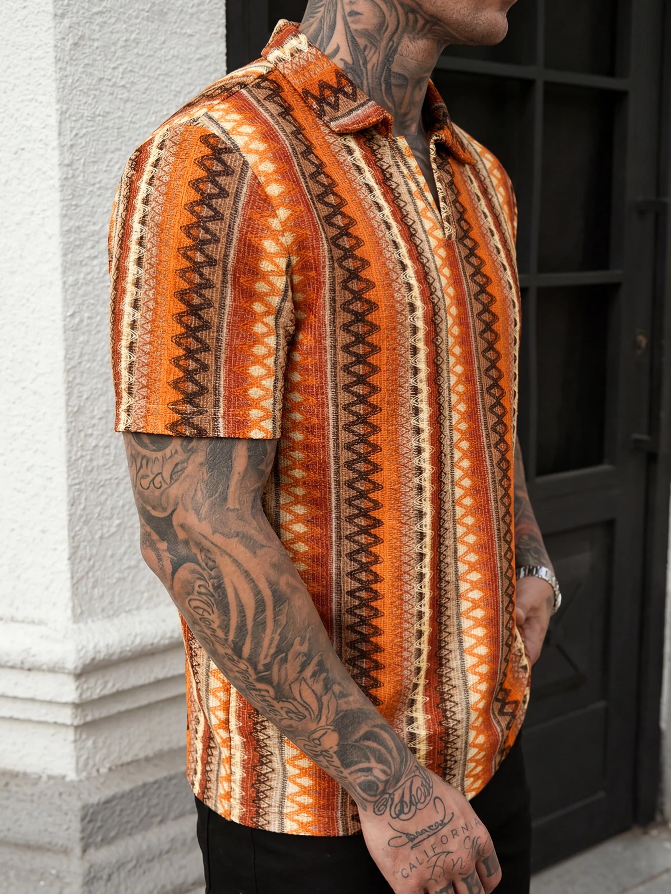 Summer New Men's Bohemian Style V-Neck Polo Shirt, Dopamine Dressing Breathable Beach Vacation Leisure V-Neck Polo Shirt