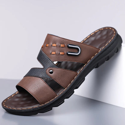 Men's Summer 2025 New Leather Casual Beach Shoes Slip-On Soft Bottom Dual-Purpose Clogs Breathable Anti-Slip Durable Sandals