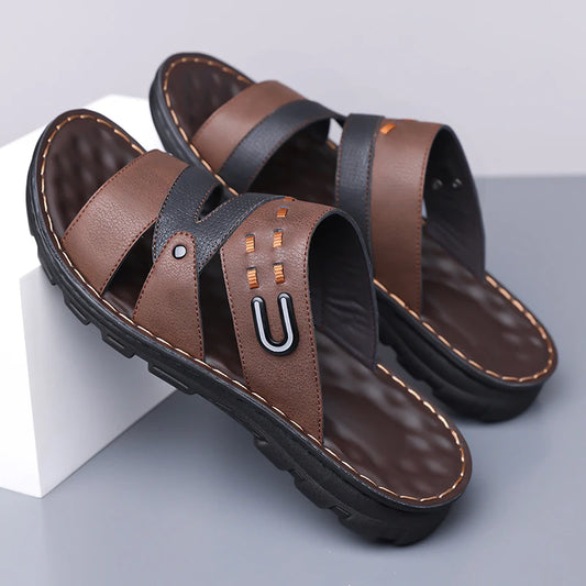 Men's Summer 2025 New Leather Casual Beach Shoes Slip-On Soft Bottom Dual-Purpose Clogs Breathable Anti-Slip Durable Sandals