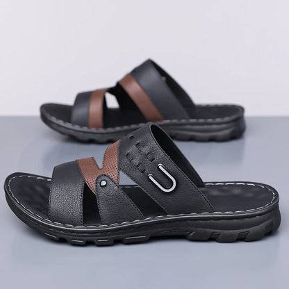 Men's Summer 2025 New Leather Casual Beach Shoes Slip-On Soft Bottom Dual-Purpose Clogs Breathable Anti-Slip Durable Sandals