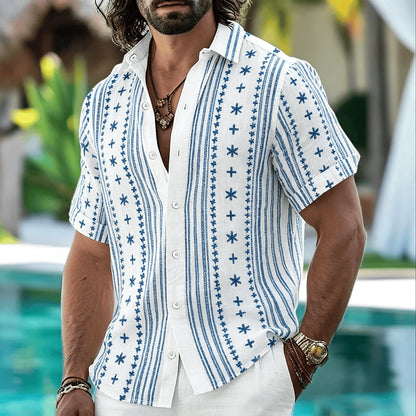 Men's Tribal Geometric Patterned Shirt, Bohemian Style, Casual For Spring And Summer