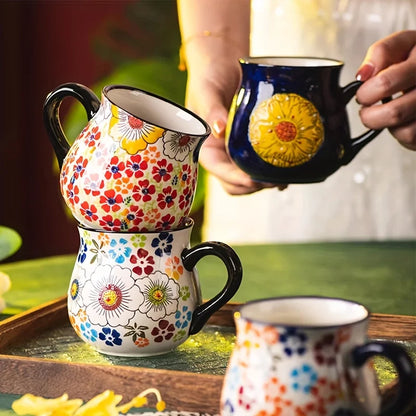 Polish pottery style wide-mouth ceramic mug, hand-painted floral pattern mug, large-capacity coffee, tea and milk mug