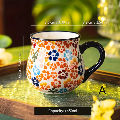 Polish pottery style wide-mouth ceramic mug, hand-painted floral pattern mug, large-capacity coffee, tea and milk mug