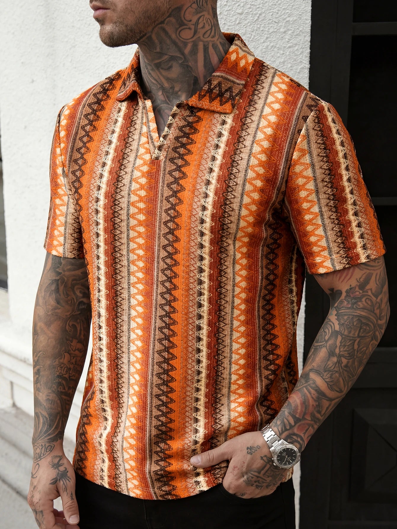 Summer New Men's Bohemian Style V-Neck Polo Shirt, Dopamine Dressing Breathable Beach Vacation Leisure V-Neck Polo Shirt