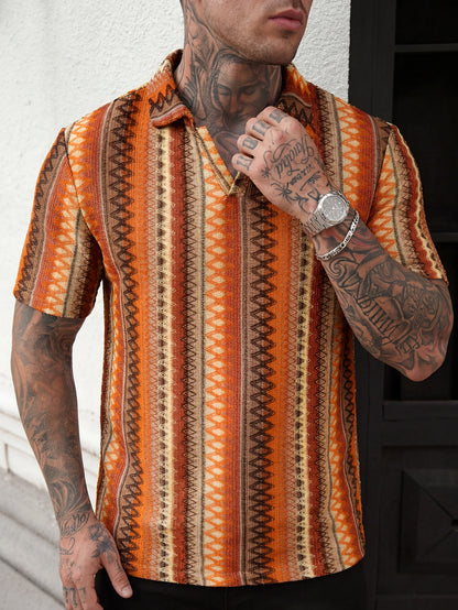 Summer New Men's Bohemian Style V-Neck Polo Shirt, Dopamine Dressing Breathable Beach Vacation Leisure V-Neck Polo Shirt