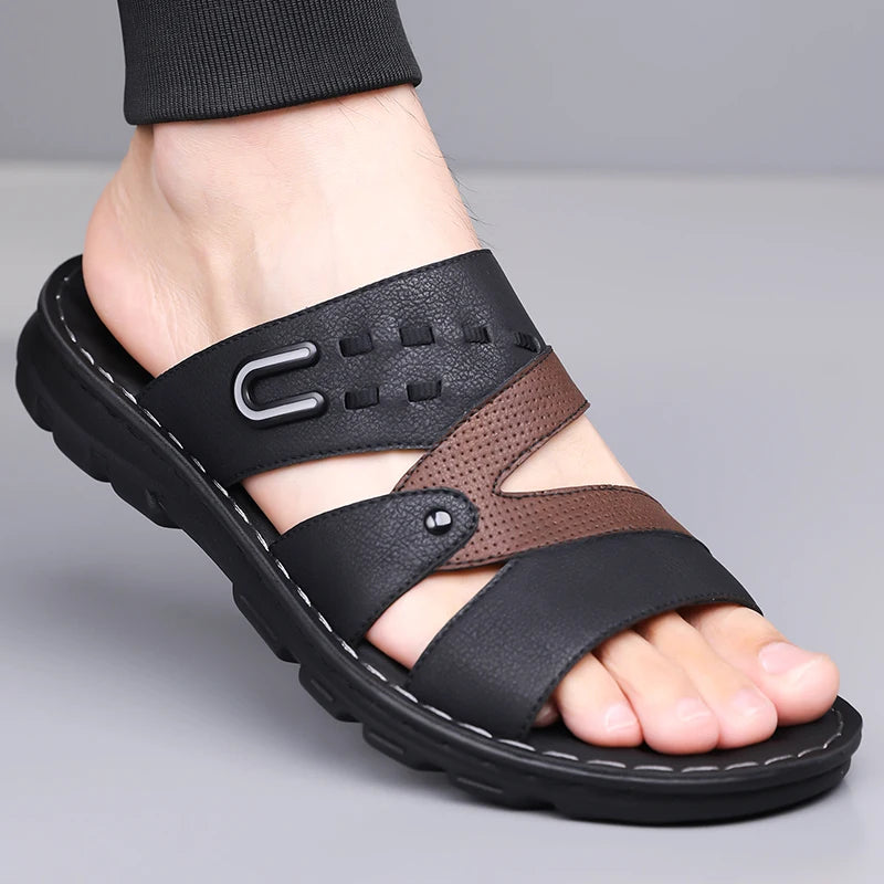 Men's Summer 2025 New Leather Casual Beach Shoes Slip-On Soft Bottom Dual-Purpose Clogs Breathable Anti-Slip Durable Sandals