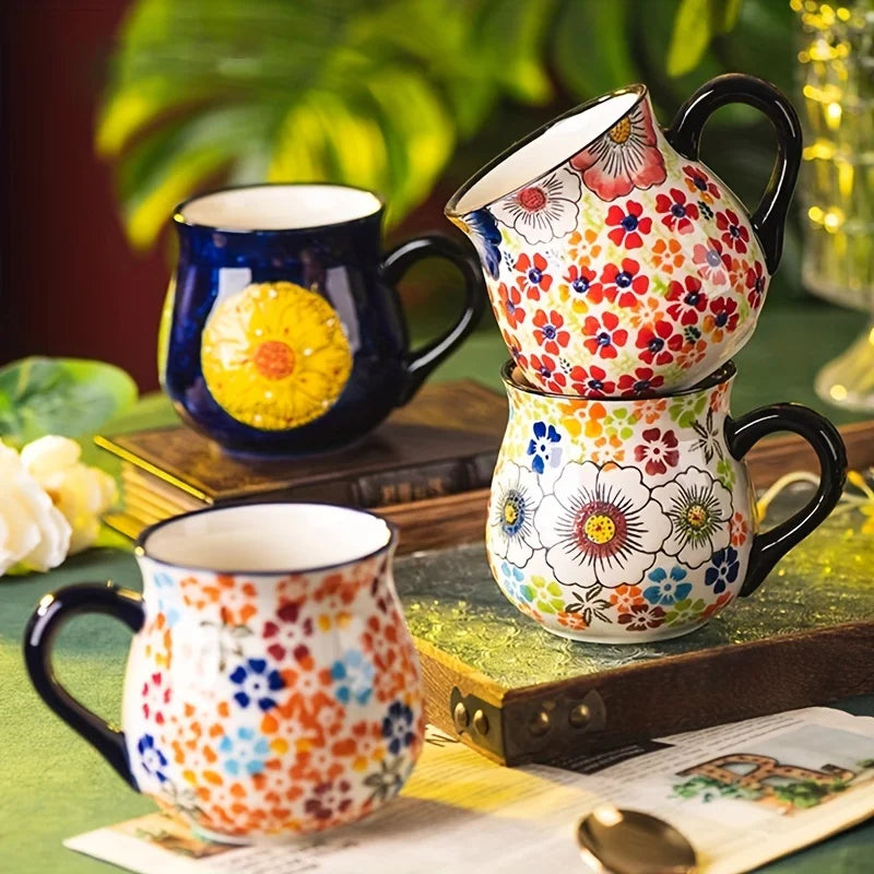 Polish pottery style wide-mouth ceramic mug, hand-painted floral pattern mug, large-capacity coffee, tea and milk mug