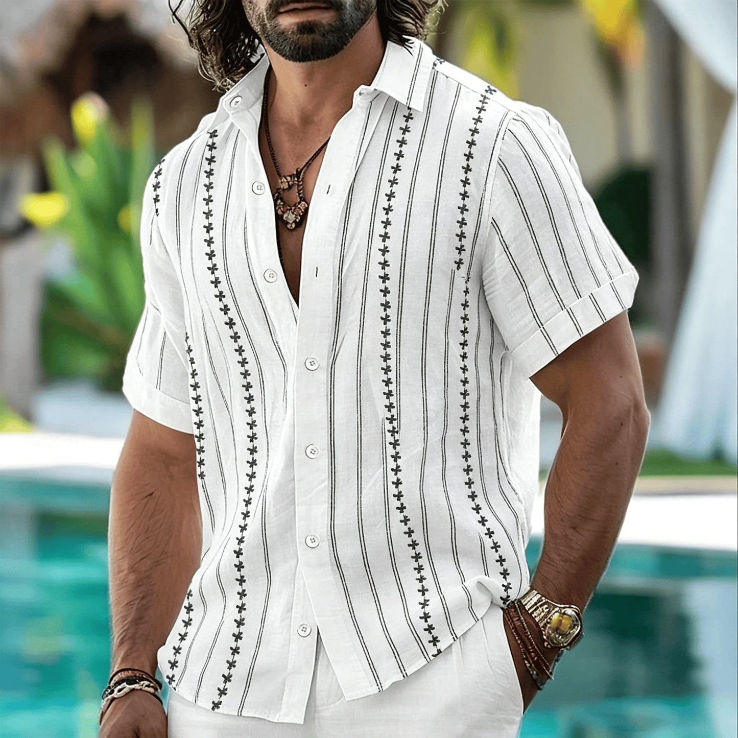 Men's Tribal Geometric Patterned Shirt, Bohemian Style, Casual For Spring And Summer