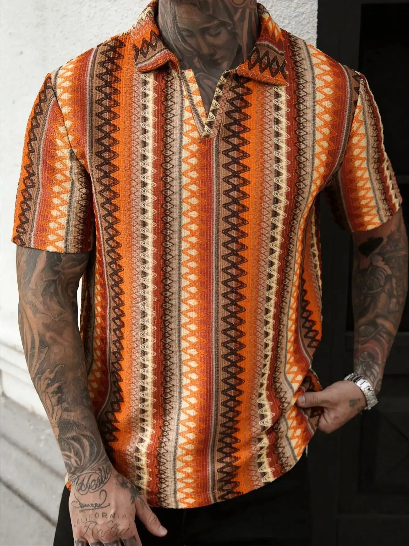 Summer New Men's Bohemian Style V-Neck Polo Shirt, Dopamine Dressing Breathable Beach Vacation Leisure V-Neck Polo Shirt