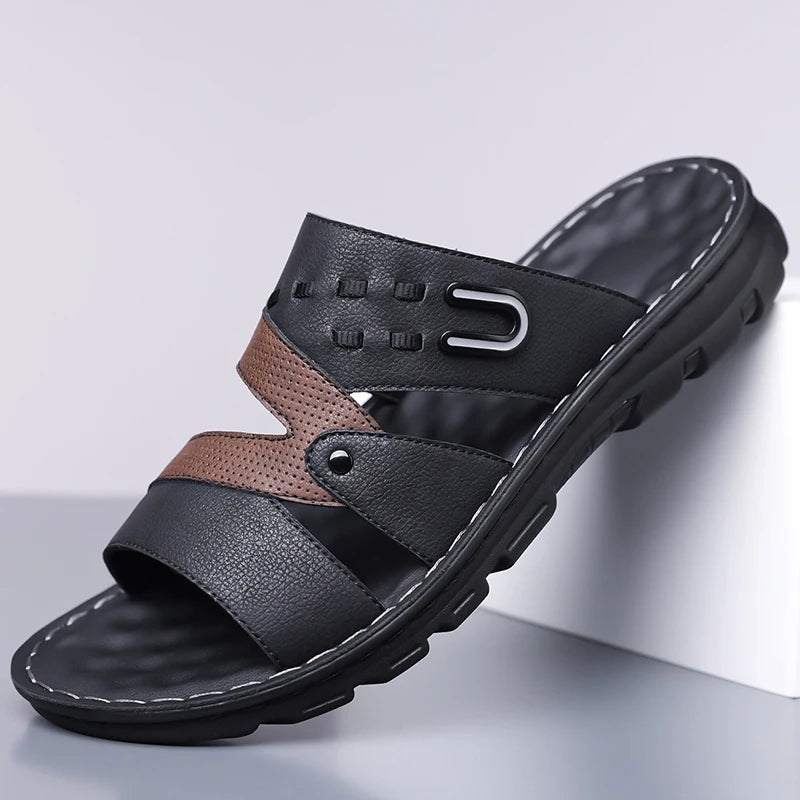 Men's Summer 2025 New Leather Casual Beach Shoes Slip-On Soft Bottom Dual-Purpose Clogs Breathable Anti-Slip Durable Sandals