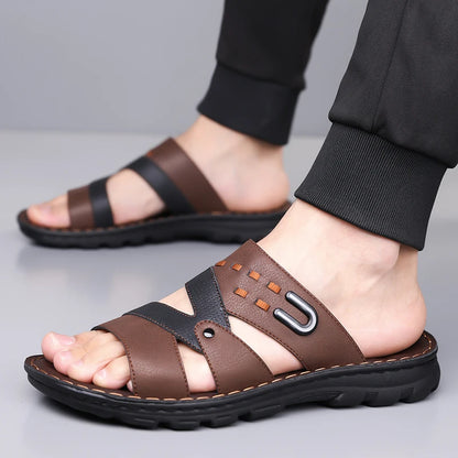 Men's Summer 2025 New Leather Casual Beach Shoes Slip-On Soft Bottom Dual-Purpose Clogs Breathable Anti-Slip Durable Sandals