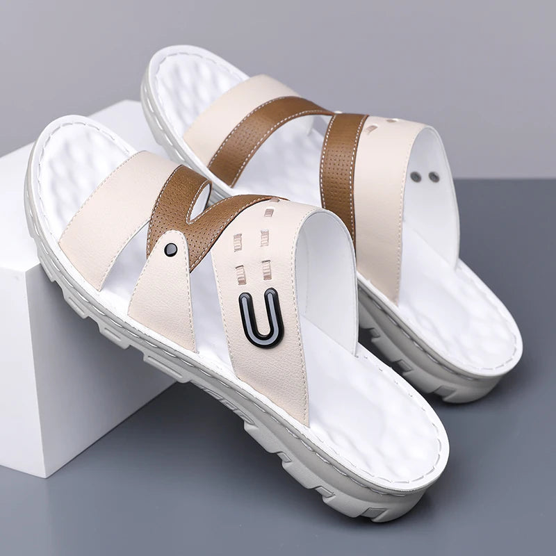 Men's Summer 2025 New Leather Casual Beach Shoes Slip-On Soft Bottom Dual-Purpose Clogs Breathable Anti-Slip Durable Sandals