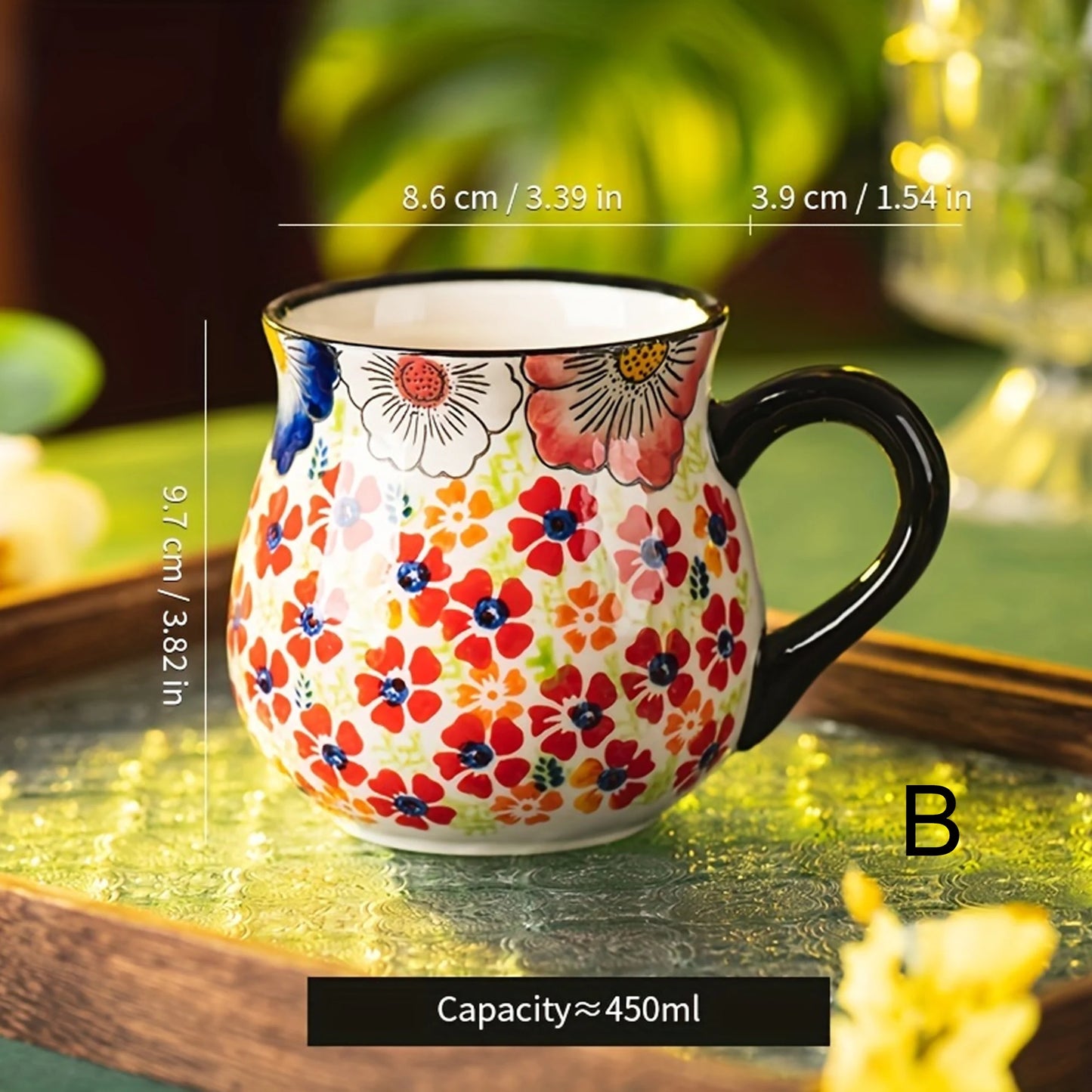 Polish pottery style wide-mouth ceramic mug, hand-painted floral pattern mug, large-capacity coffee, tea and milk mug