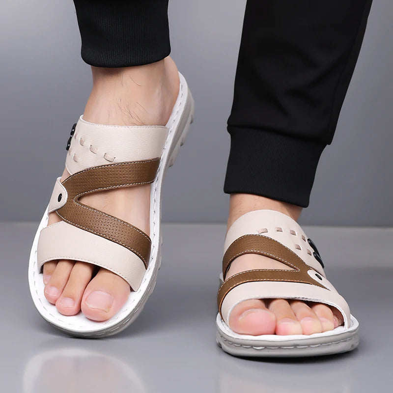 Men's Summer 2025 New Leather Casual Beach Shoes Slip-On Soft Bottom Dual-Purpose Clogs Breathable Anti-Slip Durable Sandals