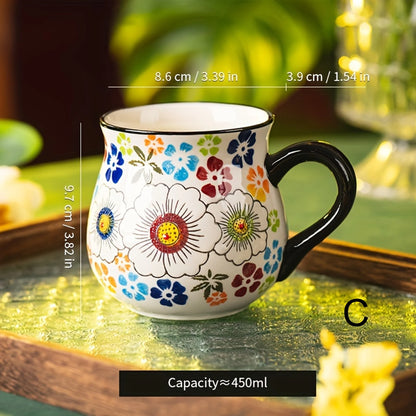 Polish pottery style wide-mouth ceramic mug, hand-painted floral pattern mug, large-capacity coffee, tea and milk mug