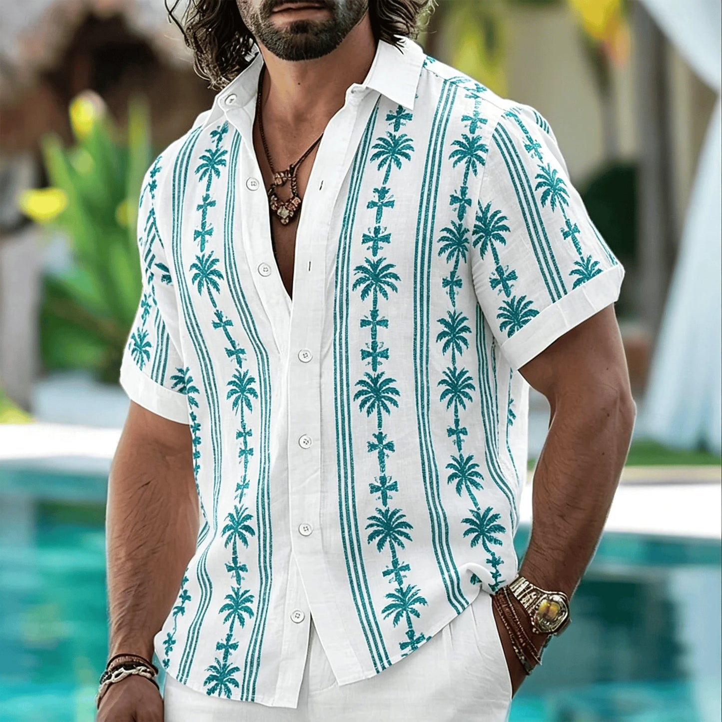 Men's Tribal Geometric Patterned Shirt, Bohemian Style, Casual For Spring And Summer