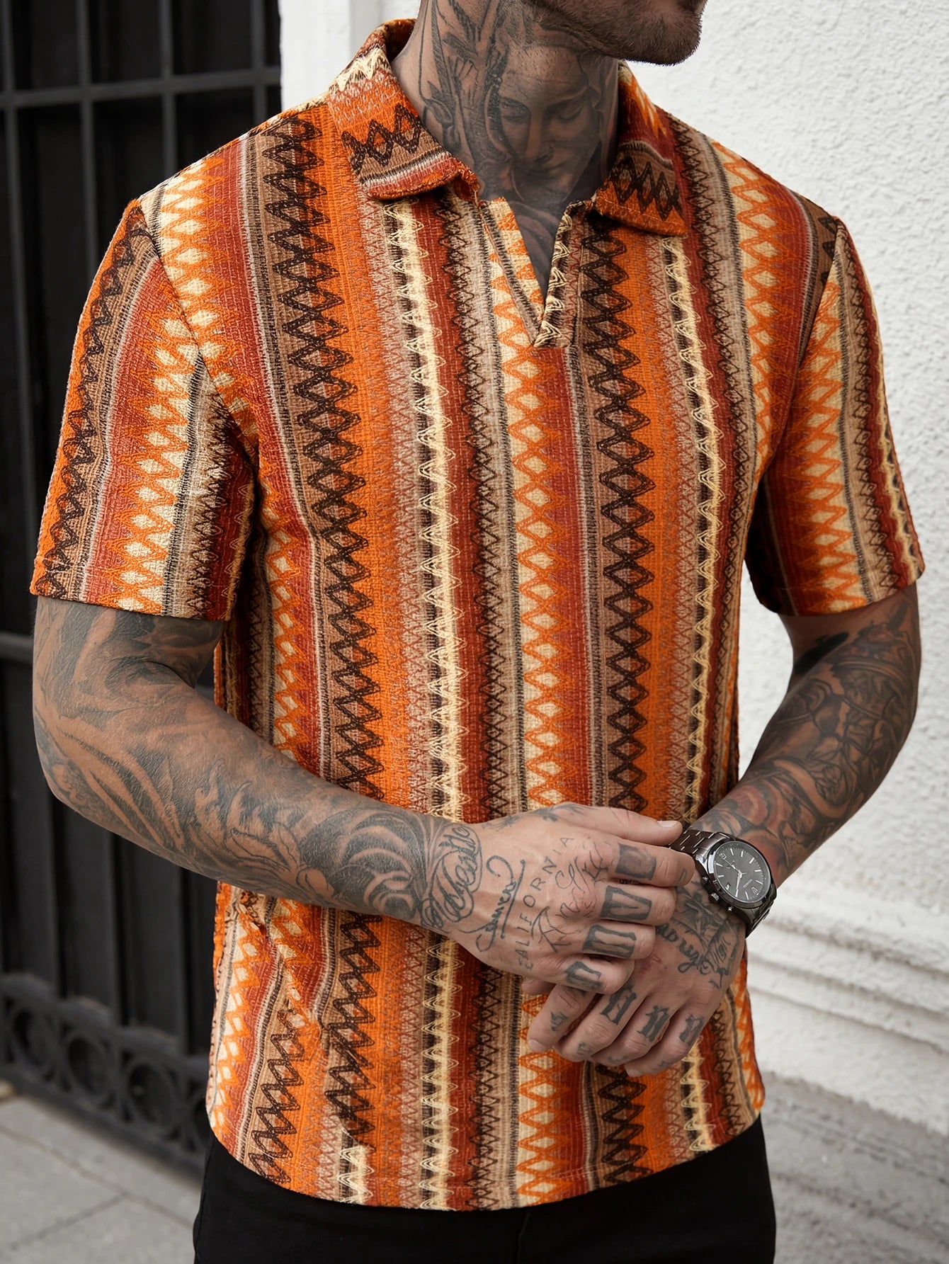 Summer New Men's Bohemian Style V-Neck Polo Shirt, Dopamine Dressing Breathable Beach Vacation Leisure V-Neck Polo Shirt