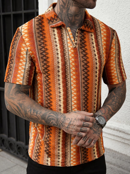 Summer New Men's Bohemian Style V-Neck Polo Shirt, Dopamine Dressing Breathable Beach Vacation Leisure V-Neck Polo Shirt