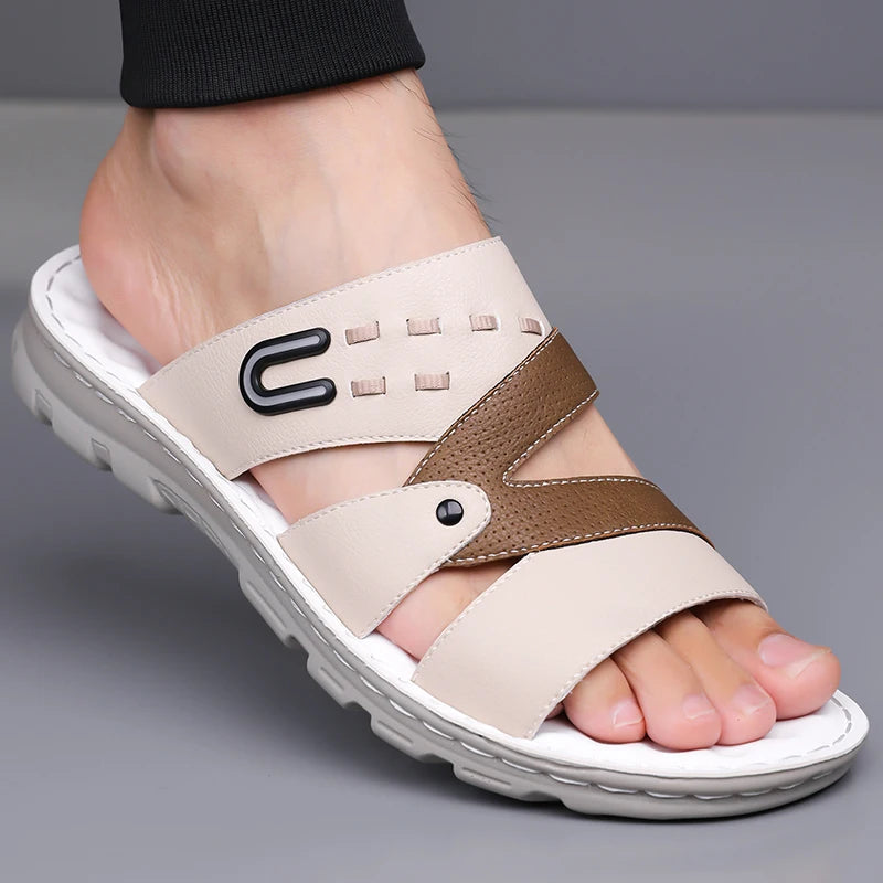 Men's Summer 2025 New Leather Casual Beach Shoes Slip-On Soft Bottom Dual-Purpose Clogs Breathable Anti-Slip Durable Sandals