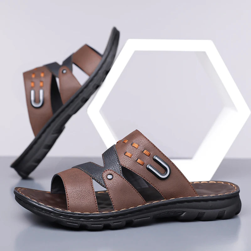 Men's Summer 2025 New Leather Casual Beach Shoes Slip-On Soft Bottom Dual-Purpose Clogs Breathable Anti-Slip Durable Sandals
