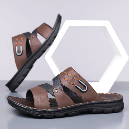 Men's Summer 2025 New Leather Casual Beach Shoes Slip-On Soft Bottom Dual-Purpose Clogs Breathable Anti-Slip Durable Sandals