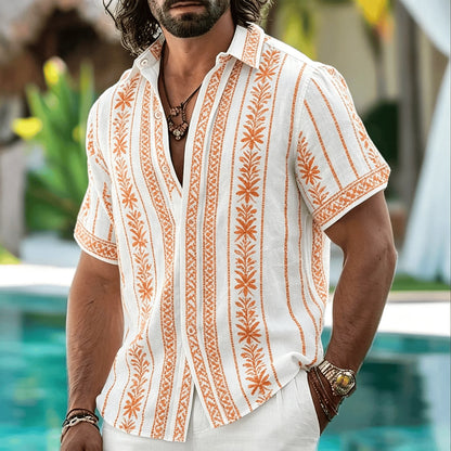 Men's Tribal Geometric Patterned Shirt, Bohemian Style, Casual For Spring And Summer