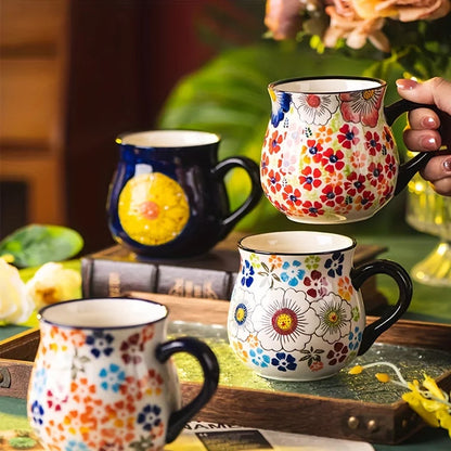 Polish pottery style wide-mouth ceramic mug, hand-painted floral pattern mug, large-capacity coffee, tea and milk mug