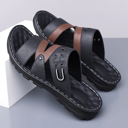 Men's Summer 2025 New Leather Casual Beach Shoes Slip-On Soft Bottom Dual-Purpose Clogs Breathable Anti-Slip Durable Sandals