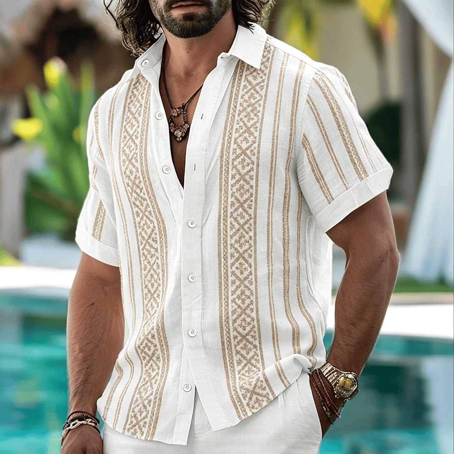 Men's Tribal Geometric Patterned Shirt, Bohemian Style, Casual For Spring And Summer