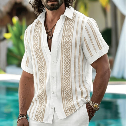 Men's Tribal Geometric Patterned Shirt, Bohemian Style, Casual For Spring And Summer