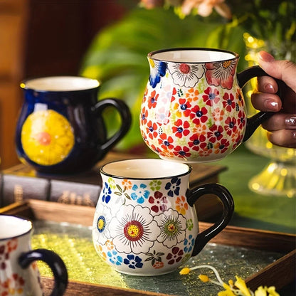 Polish pottery style wide-mouth ceramic mug, hand-painted floral pattern mug, large-capacity coffee, tea and milk mug