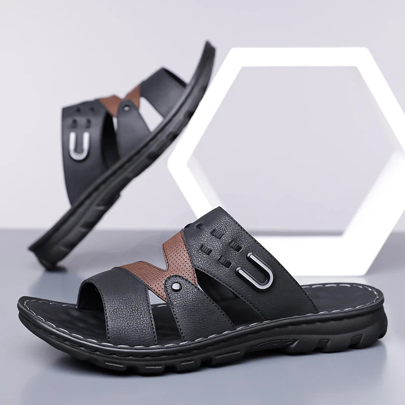 Men's Summer 2025 New Leather Casual Beach Shoes Slip-On Soft Bottom Dual-Purpose Clogs Breathable Anti-Slip Durable Sandals