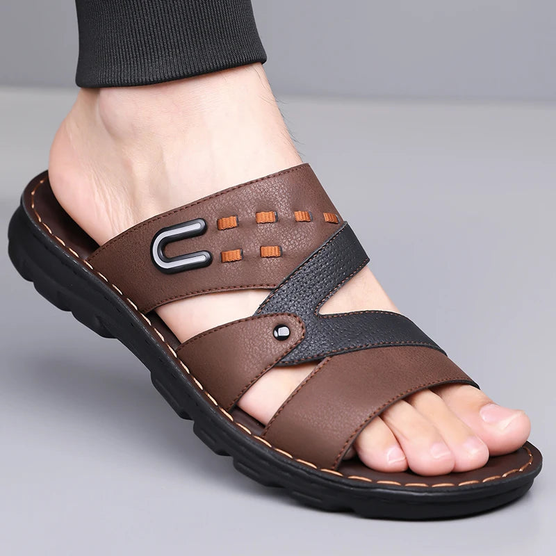 Men's Summer 2025 New Leather Casual Beach Shoes Slip-On Soft Bottom Dual-Purpose Clogs Breathable Anti-Slip Durable Sandals