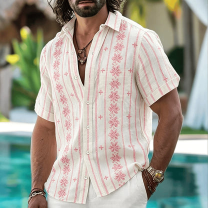 Men's Tribal Geometric Patterned Shirt, Bohemian Style, Casual For Spring And Summer
