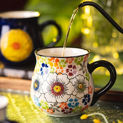 Polish pottery style wide-mouth ceramic mug, hand-painted floral pattern mug, large-capacity coffee, tea and milk mug