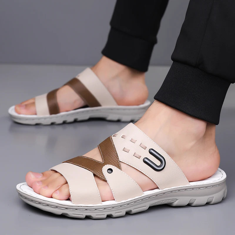 Men's Summer 2025 New Leather Casual Beach Shoes Slip-On Soft Bottom Dual-Purpose Clogs Breathable Anti-Slip Durable Sandals