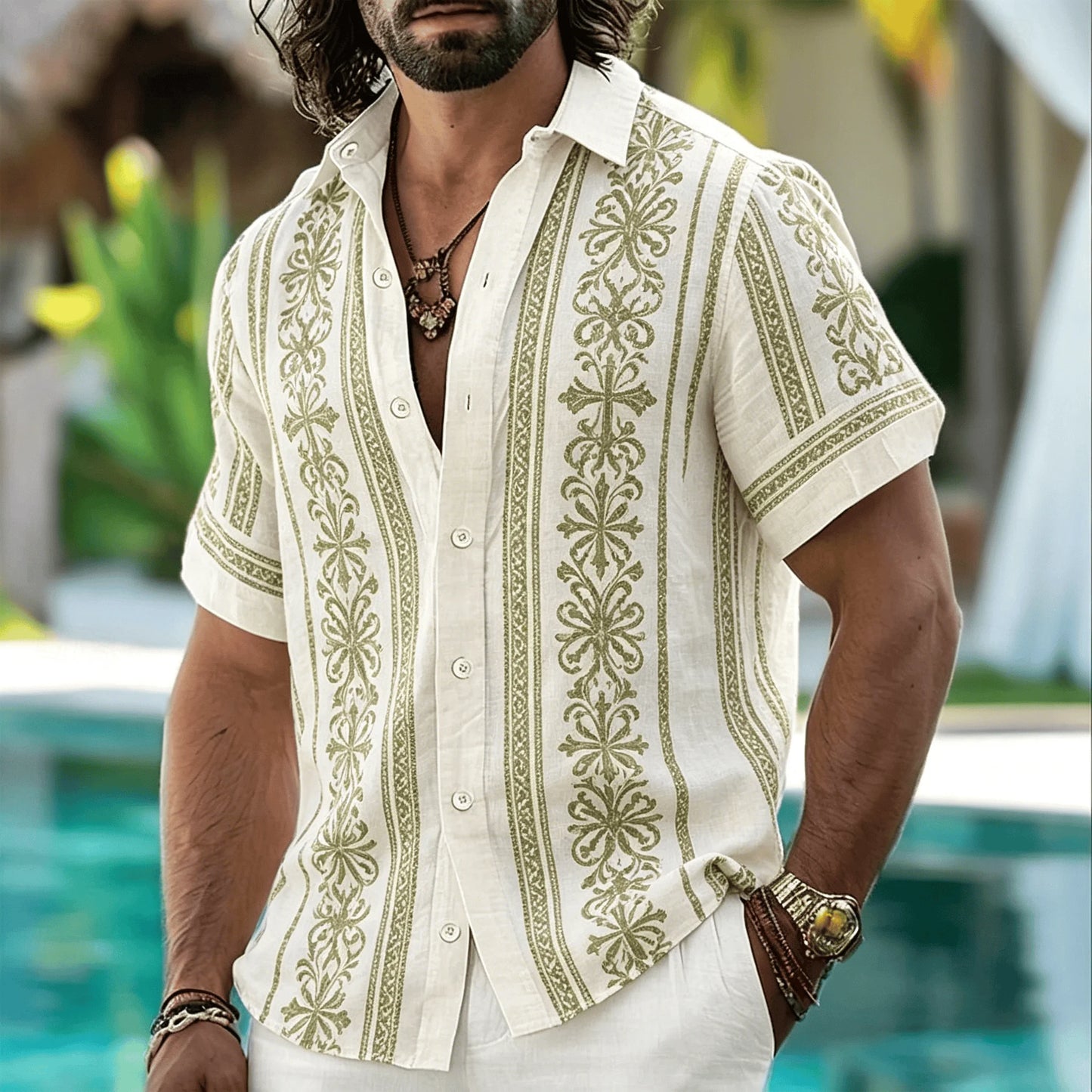 Men's Tribal Geometric Patterned Shirt, Bohemian Style, Casual For Spring And Summer