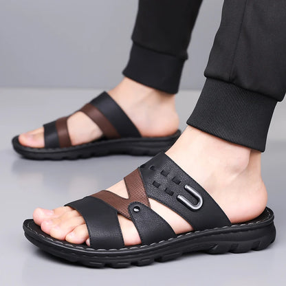 Men's Summer 2025 New Leather Casual Beach Shoes Slip-On Soft Bottom Dual-Purpose Clogs Breathable Anti-Slip Durable Sandals