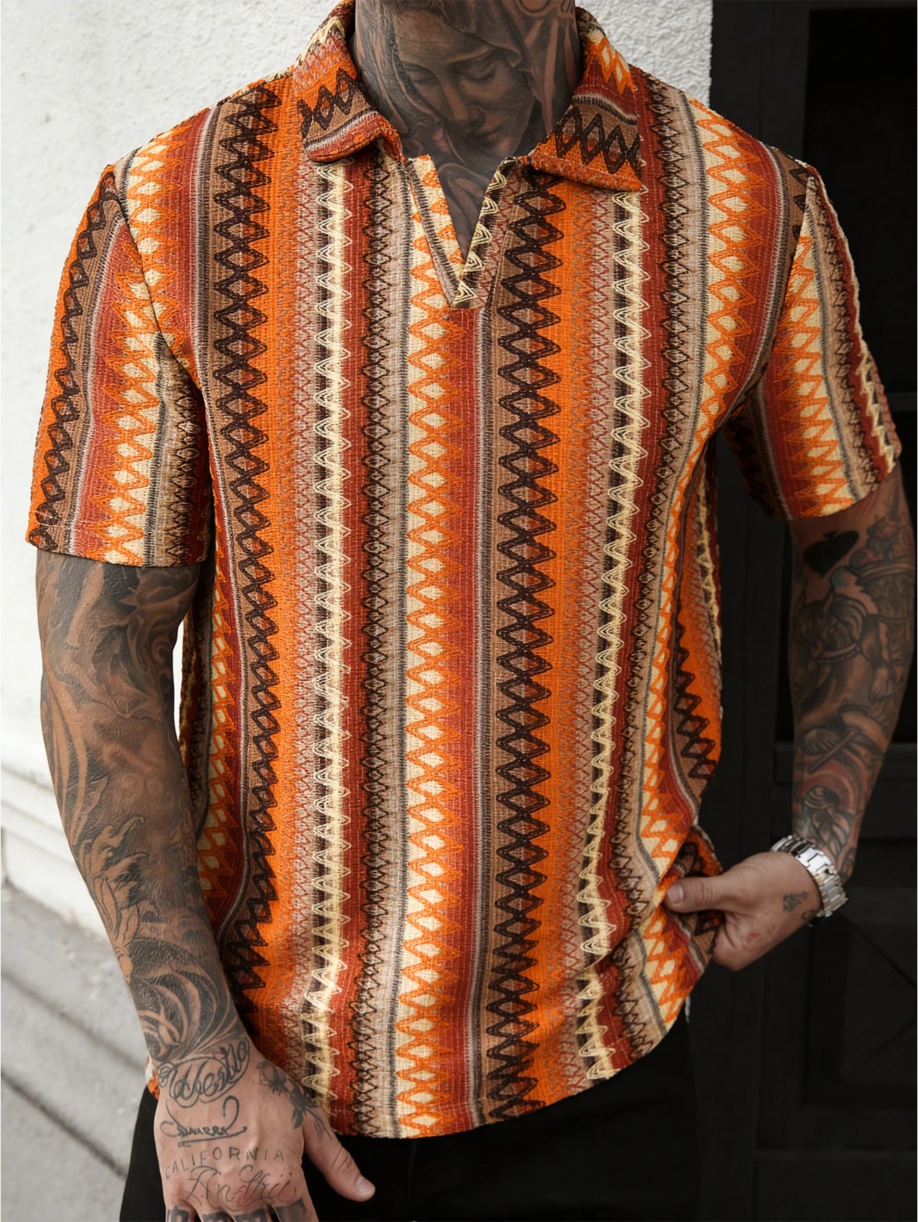 Summer New Men's Bohemian Style V-Neck Polo Shirt, Dopamine Dressing Breathable Beach Vacation Leisure V-Neck Polo Shirt