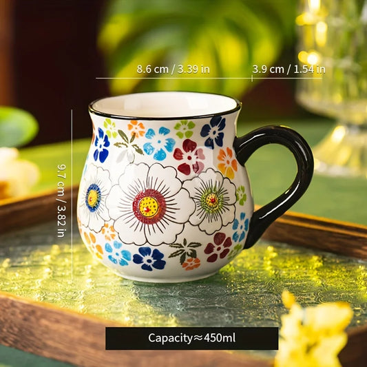 Polish pottery style wide-mouth ceramic mug, hand-painted floral pattern mug, large-capacity coffee, tea and milk mug