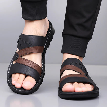 Men's Summer 2025 New Leather Casual Beach Shoes Slip-On Soft Bottom Dual-Purpose Clogs Breathable Anti-Slip Durable Sandals
