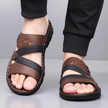 Men's Summer 2025 New Leather Casual Beach Shoes Slip-On Soft Bottom Dual-Purpose Clogs Breathable Anti-Slip Durable Sandals